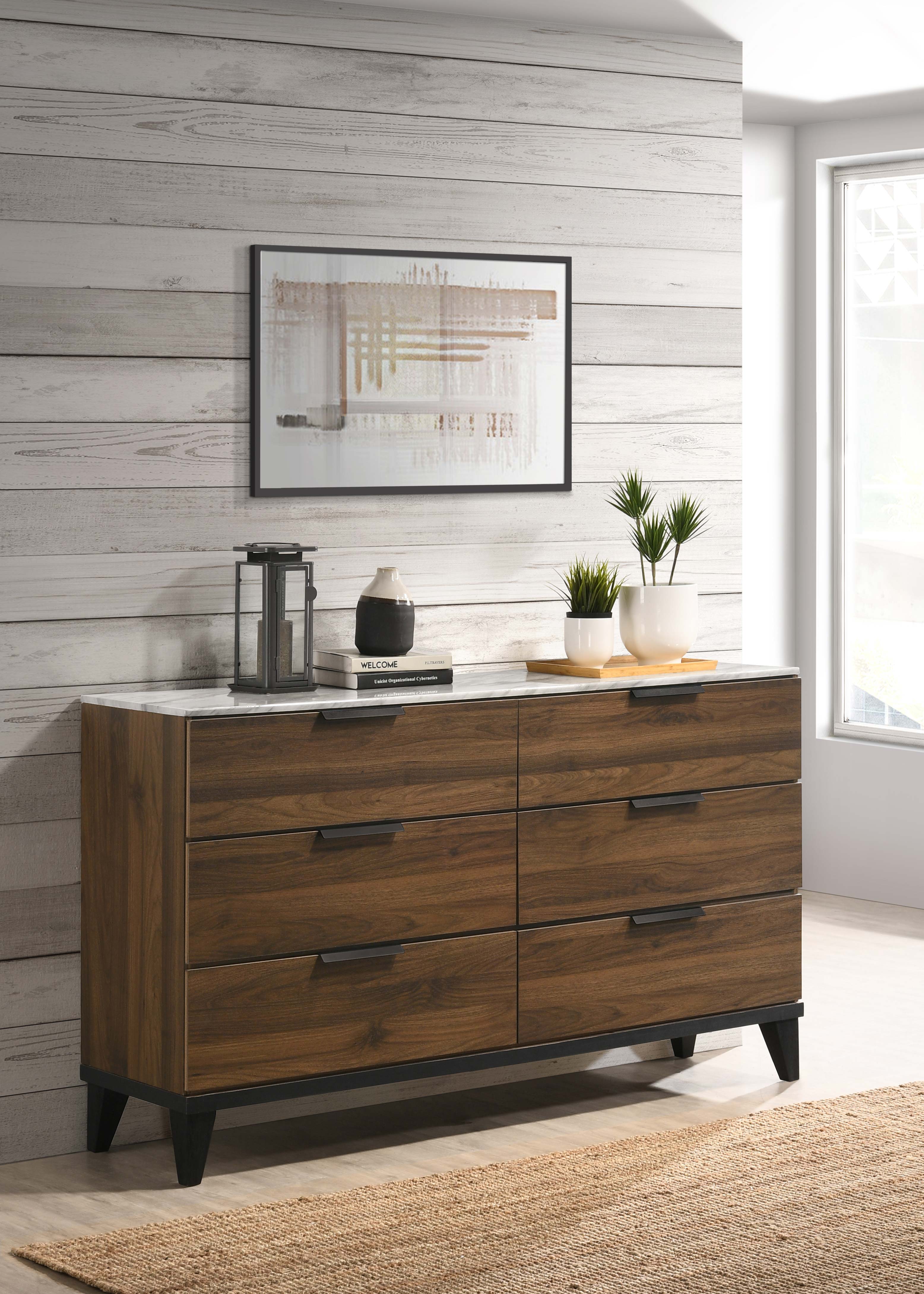 Mays 6-drawer Dresser Walnut Brown with Faux Marble Top Mays 6-drawer Dresser Walnut Brown with Faux Marble Top