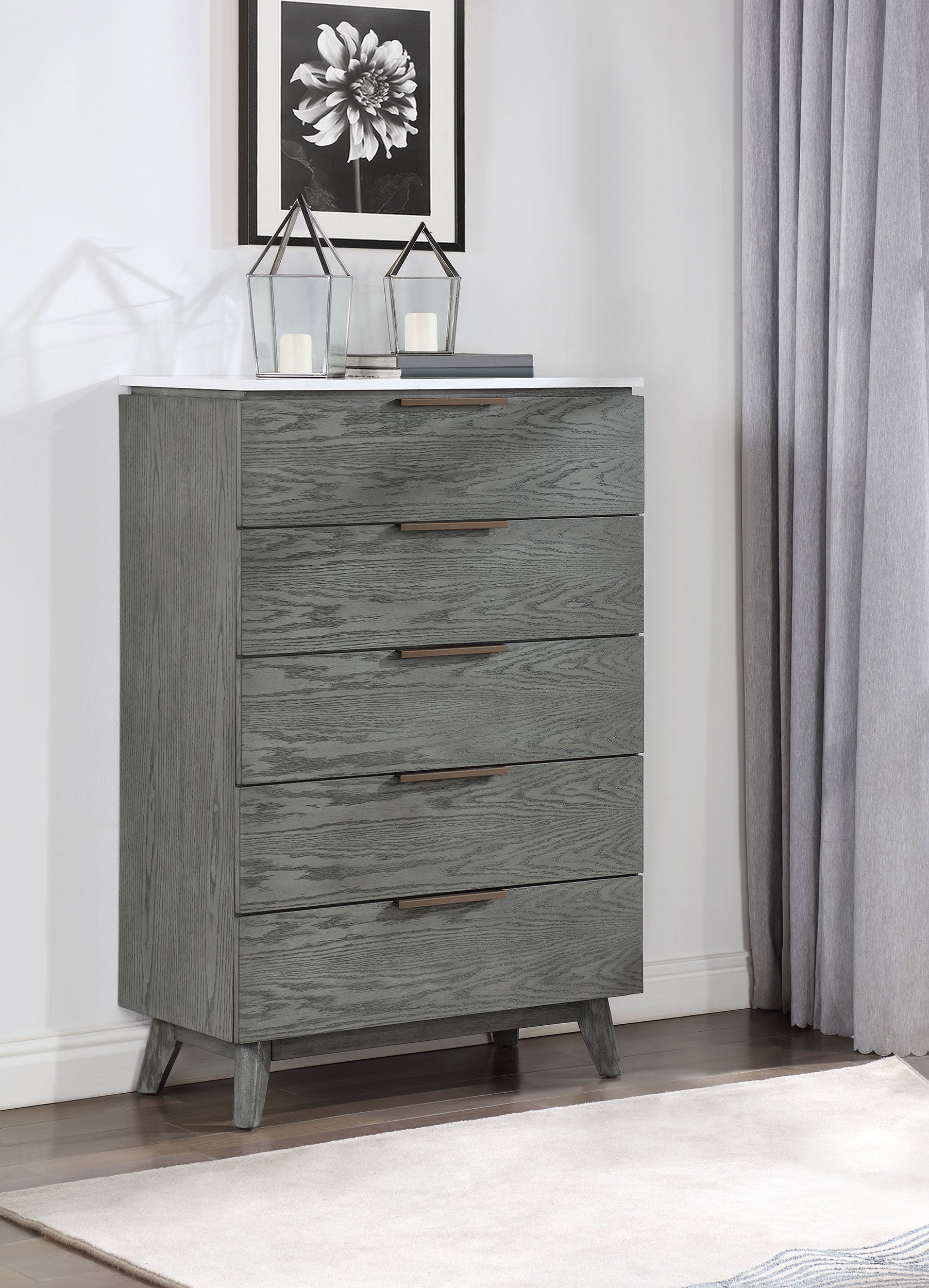 grey 5 drawer dresser Belleze for Bedroom and Closet,31.5 inch Mid-Century Modern Wood Storage Chest of Drawers with Rose Gold Handles,Tall Organizer and entryways Nathan 5-drawer Chest White Marble