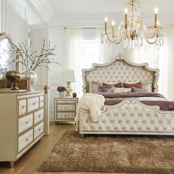 Antonella 4-Piece Eastern King Upholstered Tufted Bedroom Set Ivory an